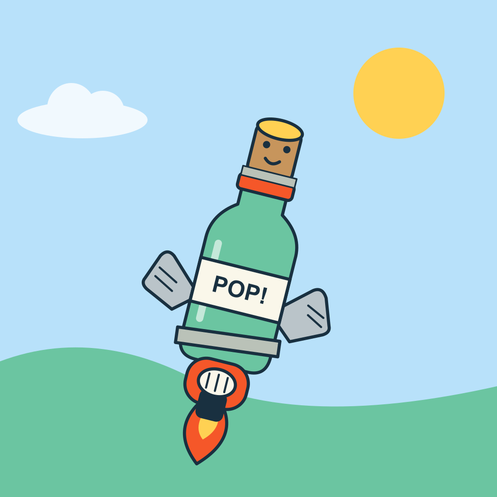 A smiling cork flying in a soda-bottle rocket with spatula fins and a hair-dryer engine